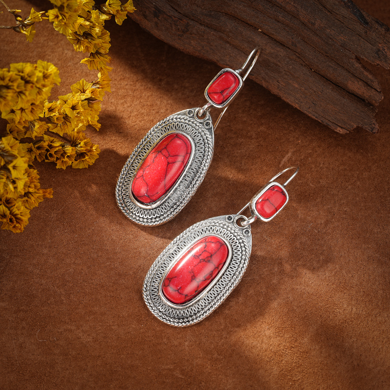 Retro Red Stone Dangle Earrings